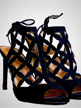 BCBG Black Lattice Tie-Up Stiletto Sandals